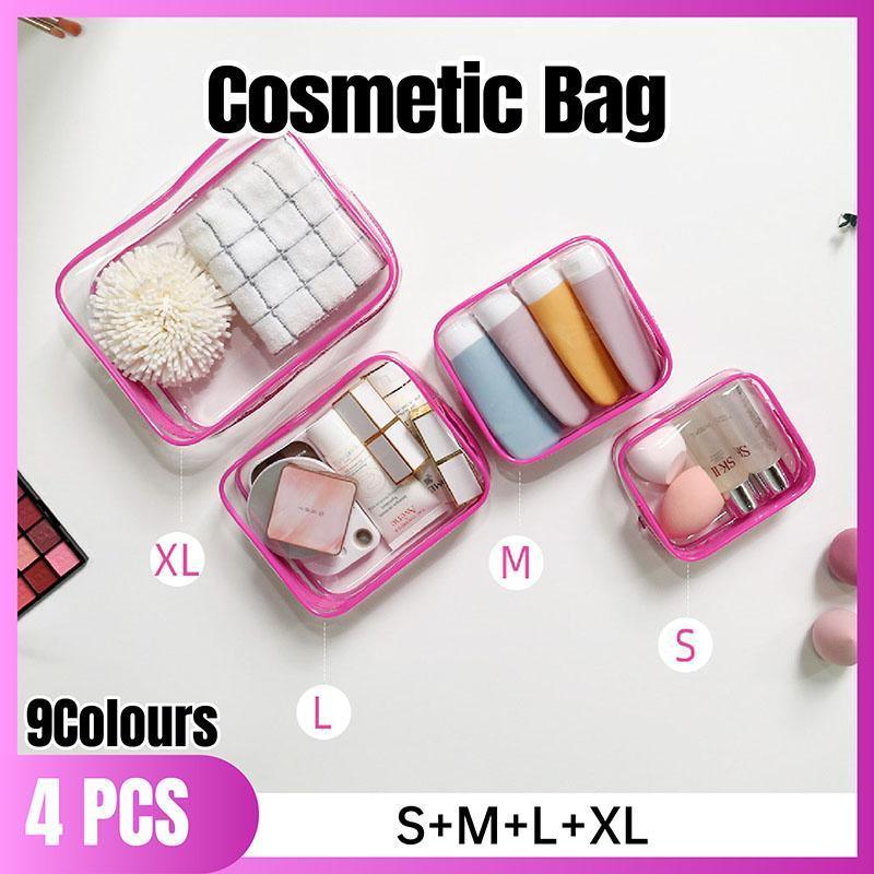 4pcs Durable PVC Cosmetic Bags Easy to Clean Multiple Sizes and Colours 9 Shades - 4pcs-Barbie-Pink