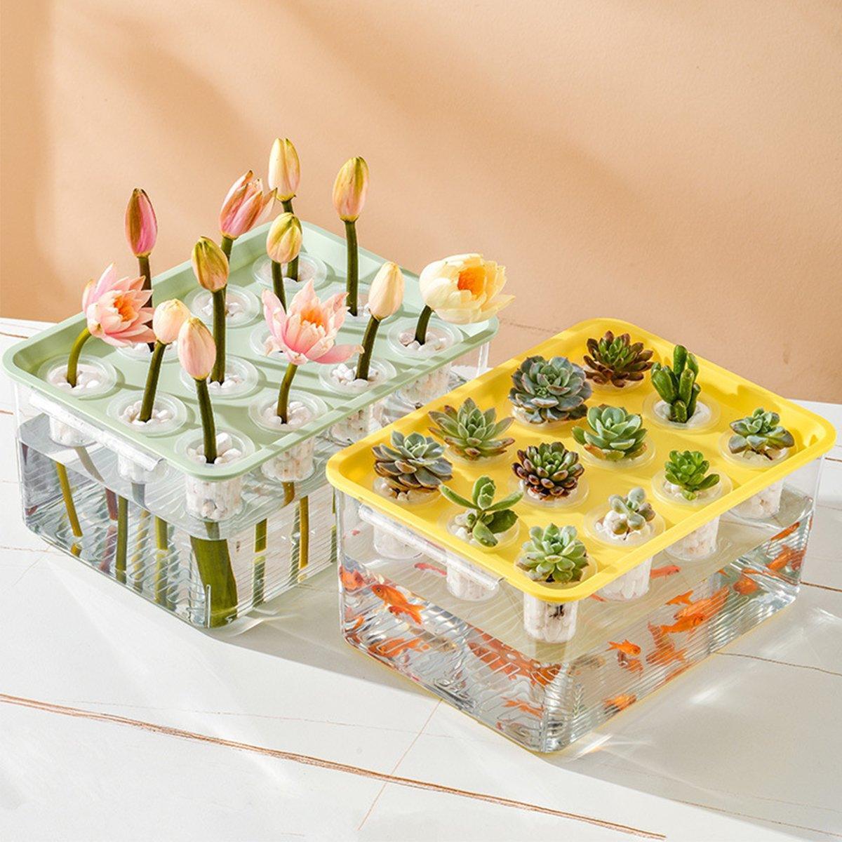 Transparent Rectangular Aquarium 12Hole Lid Portable Hydroponic Plant Fish Tank - Green 4