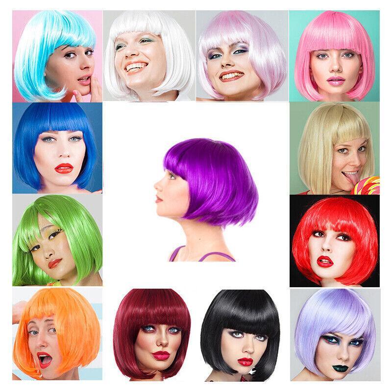 Short Bob Wig with Bangs for Women Synthetic Cosplay Party Hair in 14 Colours - Dark Pink 3