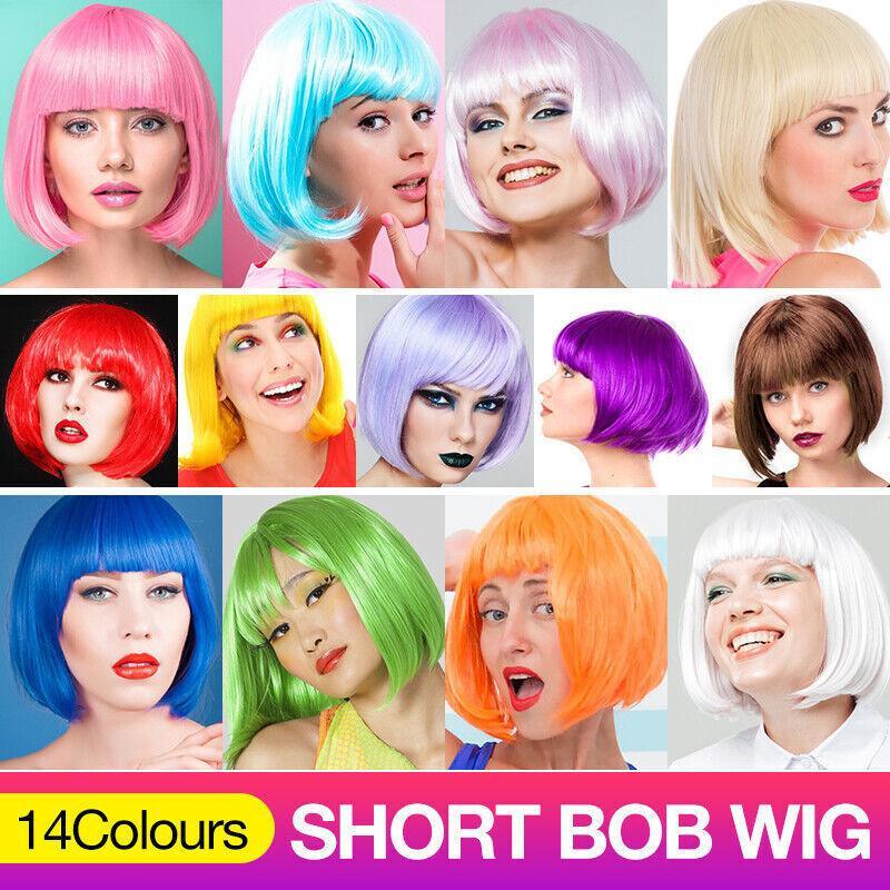 Short Bob Wig with Bangs for Women Synthetic Cosplay Party Hair in 14 Colours - Red