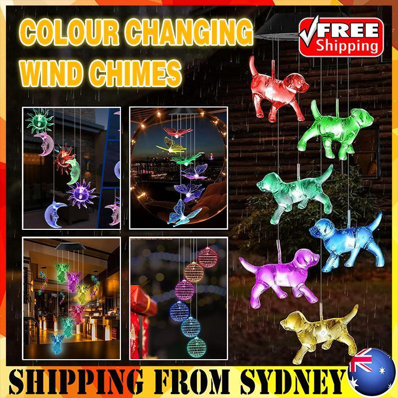 Colour Changing Wind Chimes LED Light Hanging Decor Outdoor Solar Powered Garden - Dogs