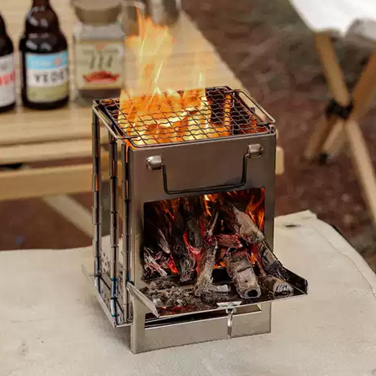 Square Wood Stove Mini Folding Grill Outdoor Camping Portable BBQ Cooking Rack 5