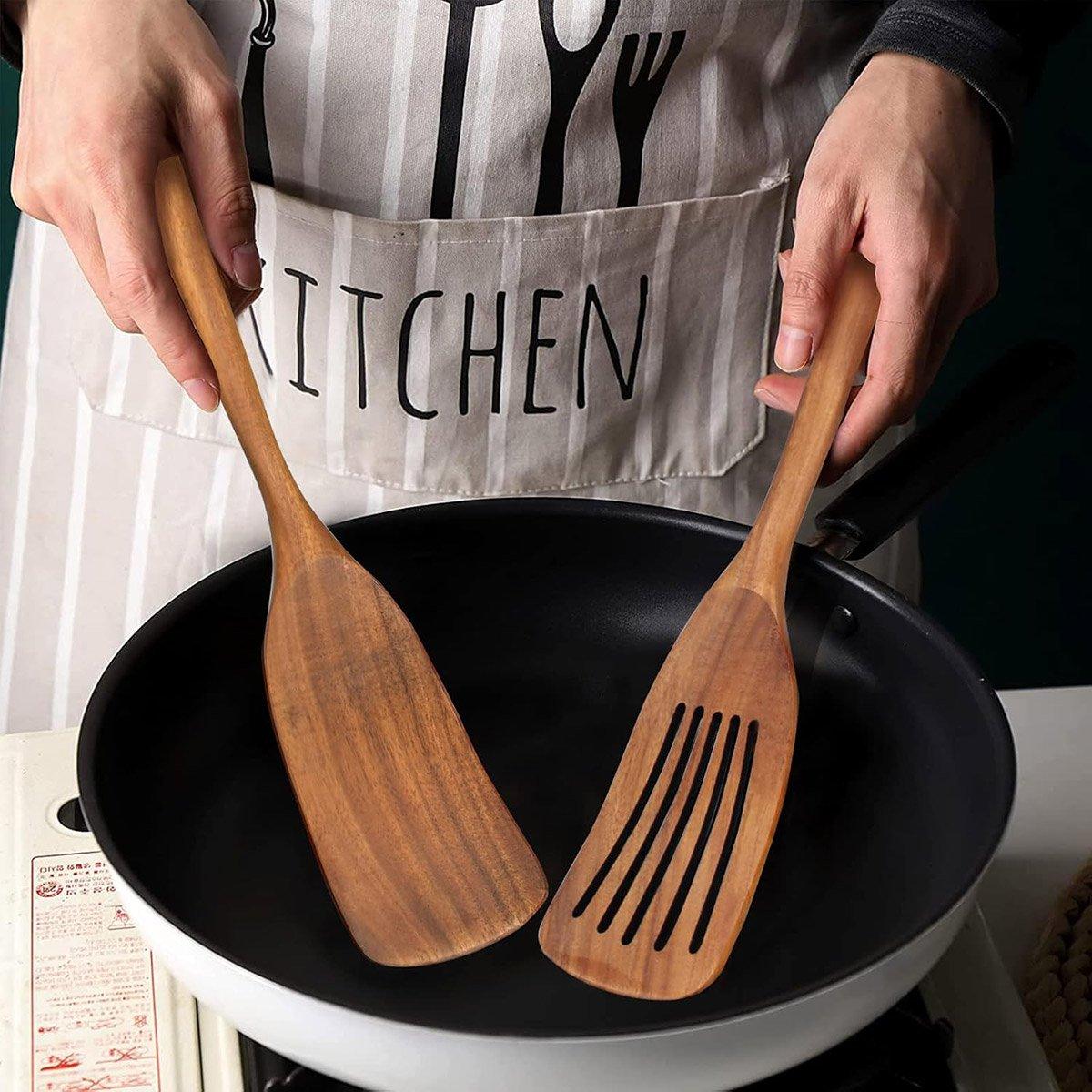 2pcs Wooden Frying Spatula Long Handle Stir Fry Spatula Kitchen Cooking Utensils 5