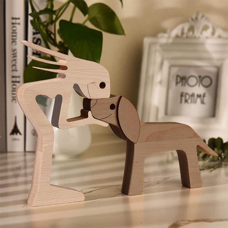 Handmade Wooden Statue Sitting Family and Dog Craft Home Decor - B01 4