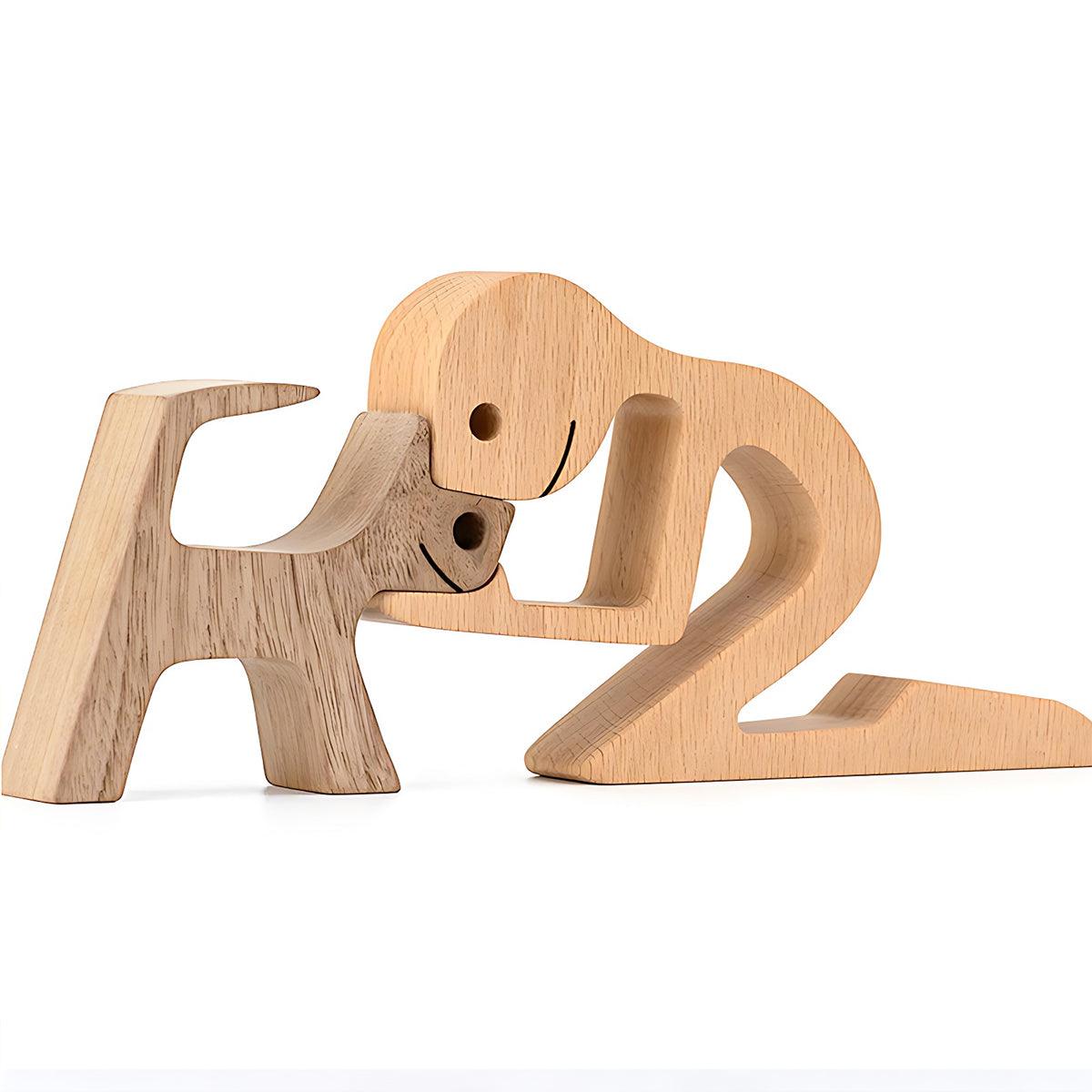 Handmade Wooden Statue Sitting Family and Dog Craft Home Decor - B01 10