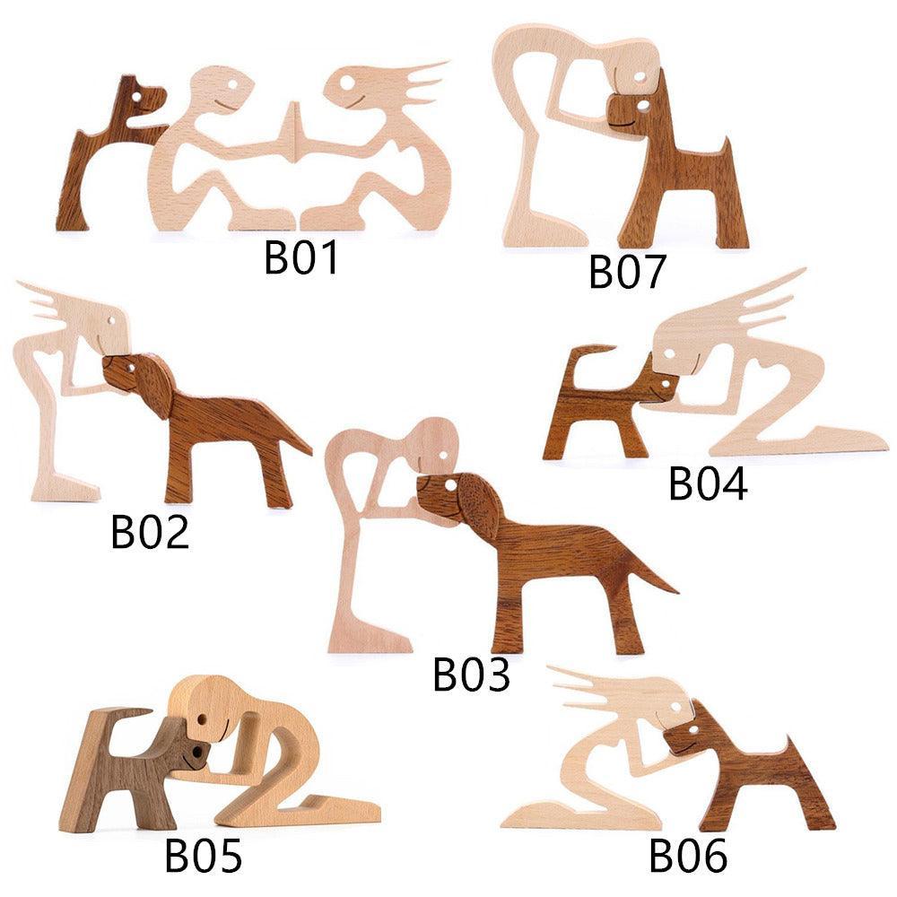 Handmade Wooden Statue Sitting Family and Dog Craft Home Decor - B05 3