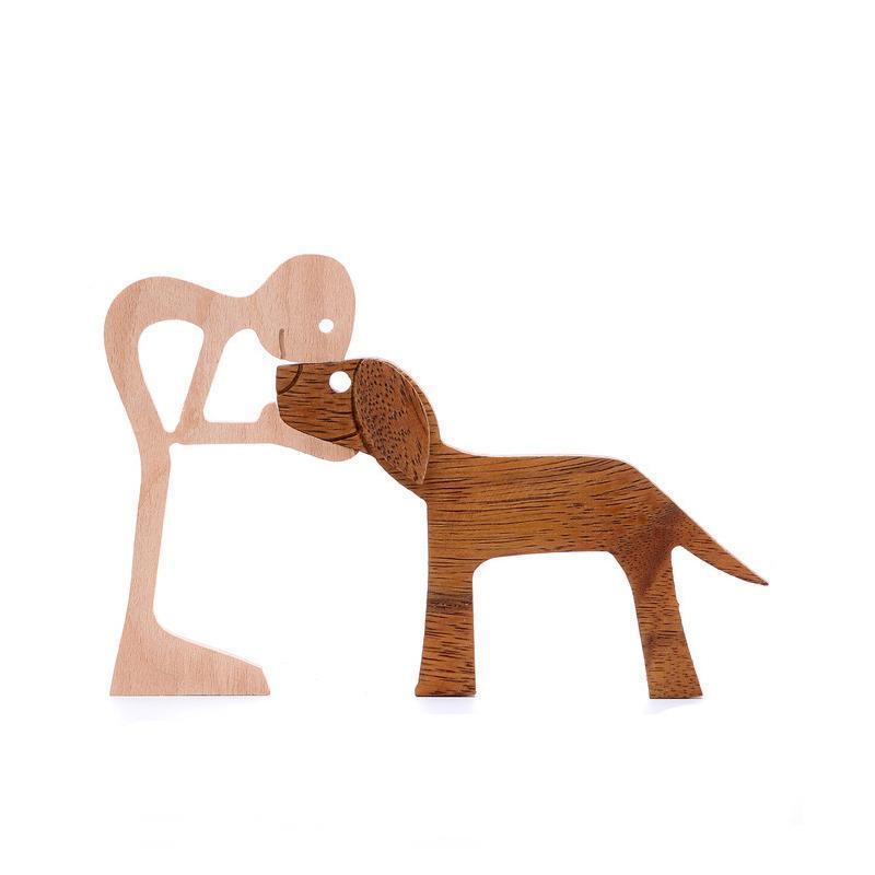 Handmade Wooden Statue Sitting Family and Dog Craft Home Decor - B05 8