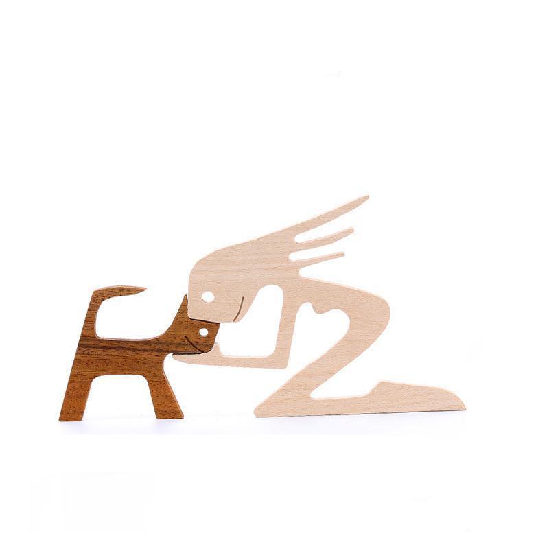 Handmade Wooden Statue Sitting Family and Dog Craft Home Decor - B07 9