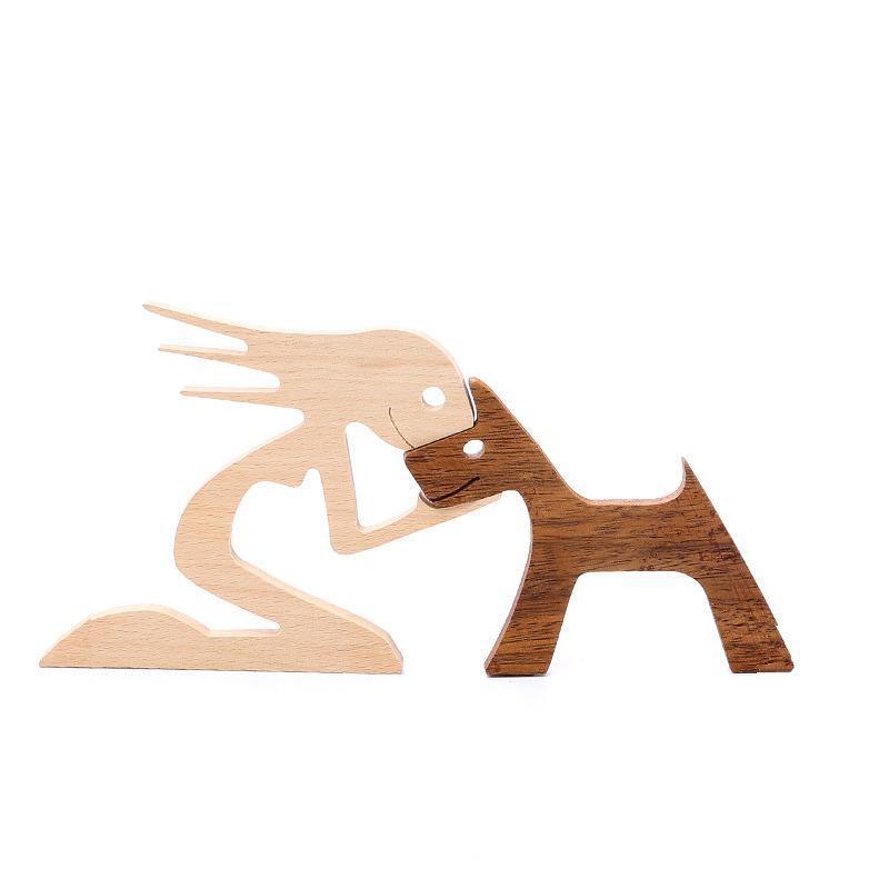 Handmade Wooden Statue Sitting Family and Dog Craft Home Decor - B07 11