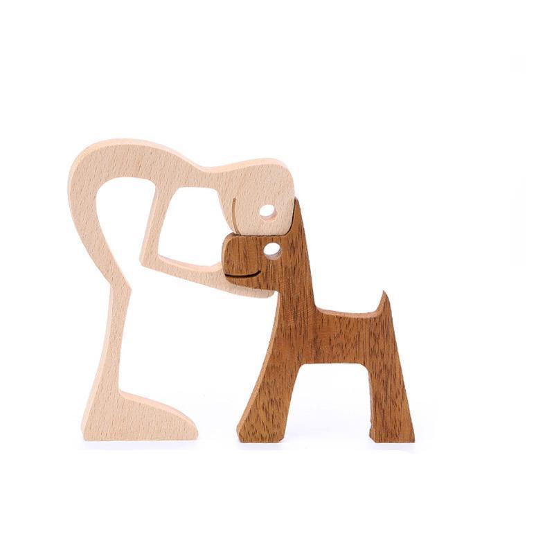 Handmade Wooden Statue Sitting Family and Dog Craft Home Decor - B07 12