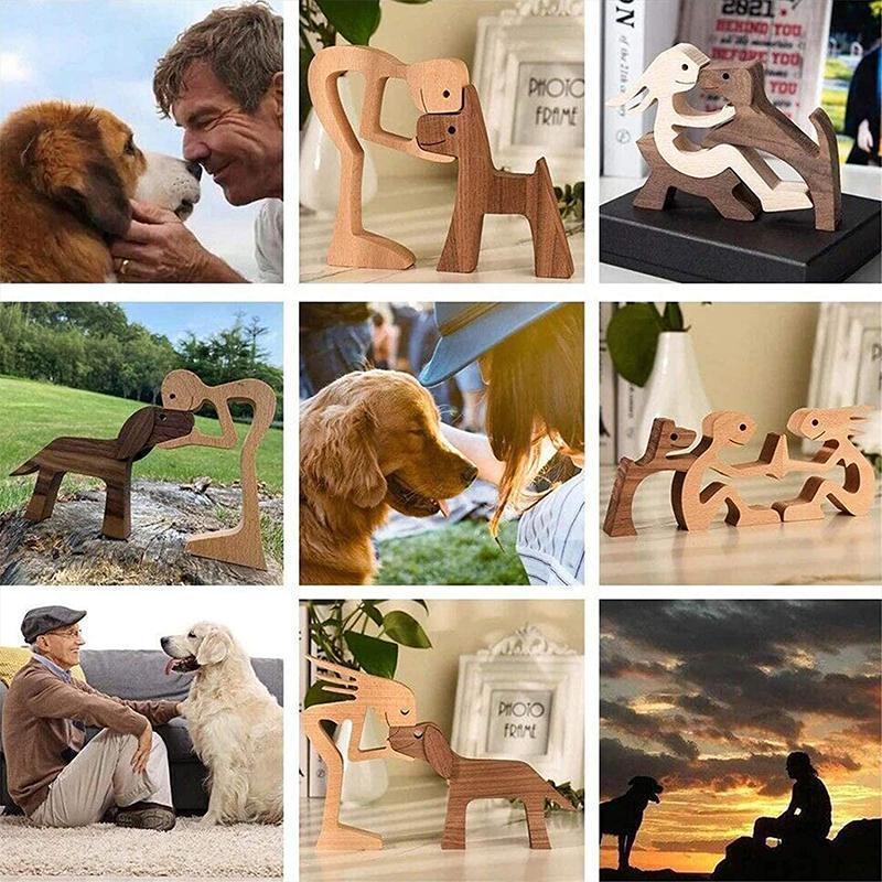 Handmade Wooden Statue Sitting Family and Dog Craft Home Decor - B04 5