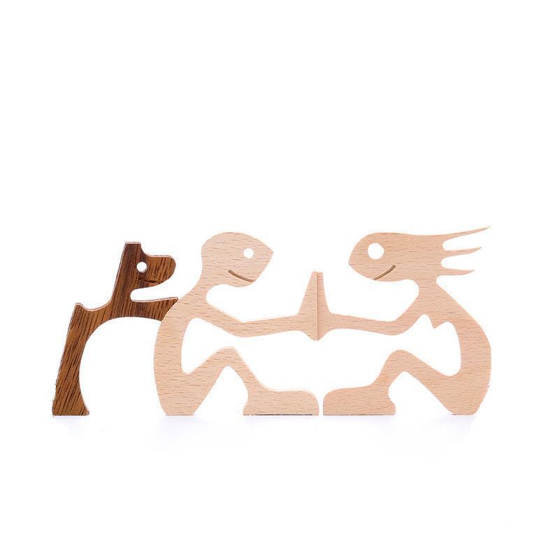 Handmade Wooden Statue Sitting Family and Dog Craft Home Decor - B02 6