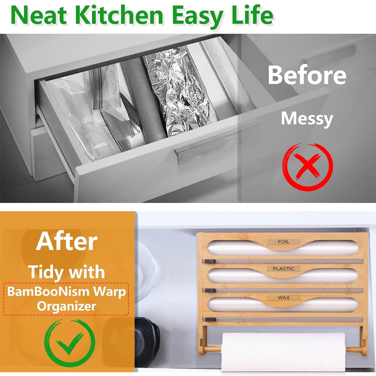Wall Mounted Plastic Wrap Cutter Bamboo Multi Cell Kitchen Storage Box Organizer 4