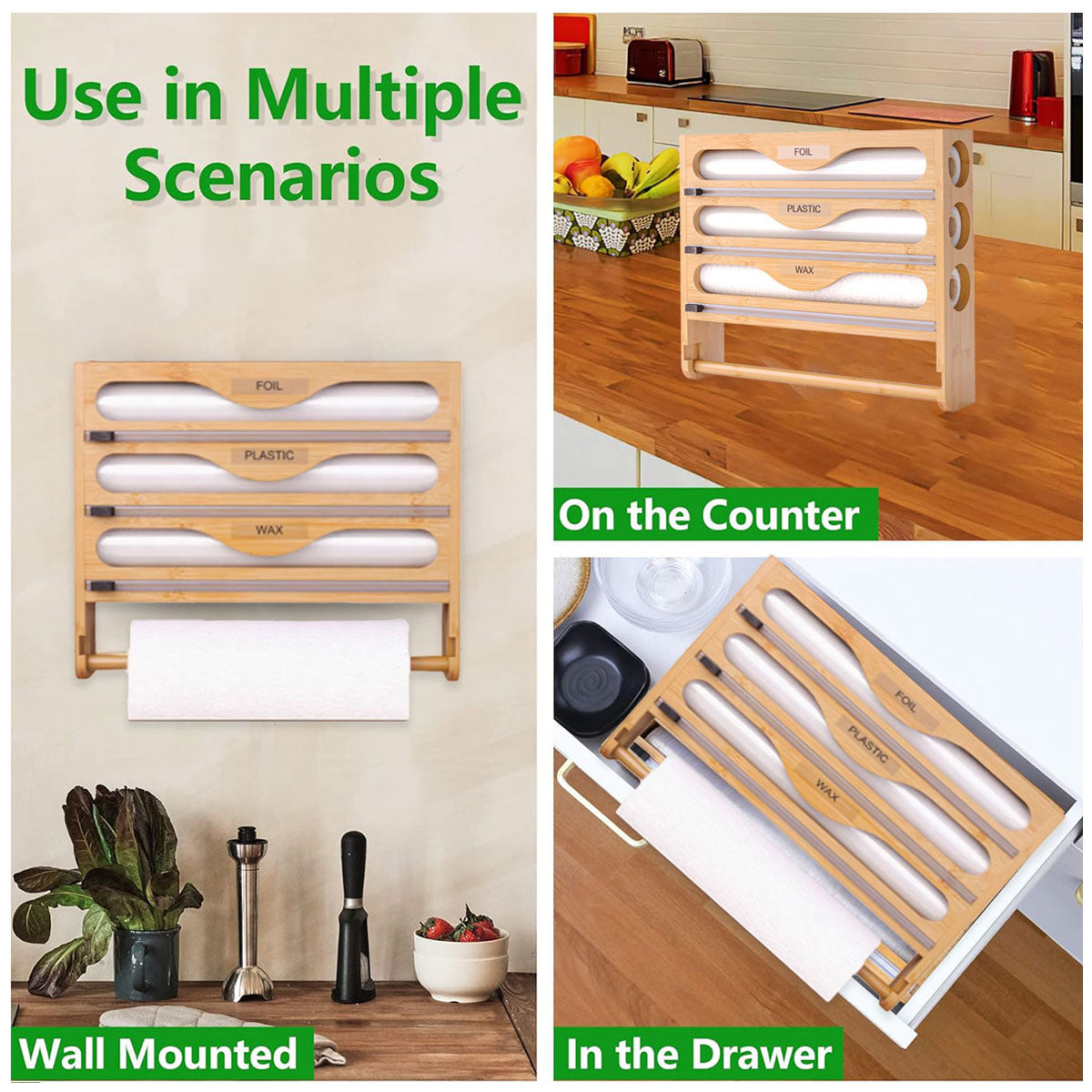 Wall Mounted Plastic Wrap Cutter Bamboo Multi Cell Kitchen Storage Box Organizer 5