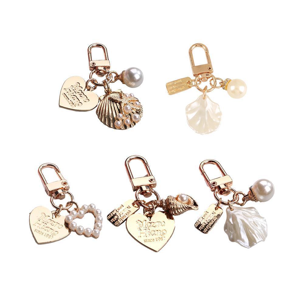 Womens Cute Key Rings Shell Heart Pearl Shape Keychain Charm Bag Hanger Pendants - A