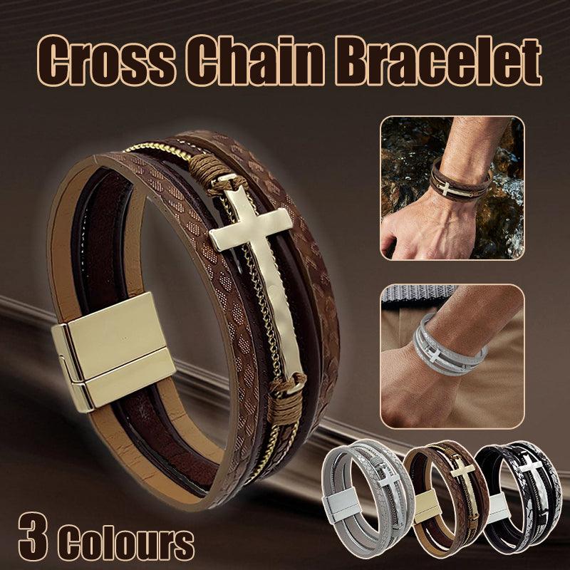 Men Cross Bracelet Multi-Layer Leather Wristband Stainless Steel Stylish Gift - Silver