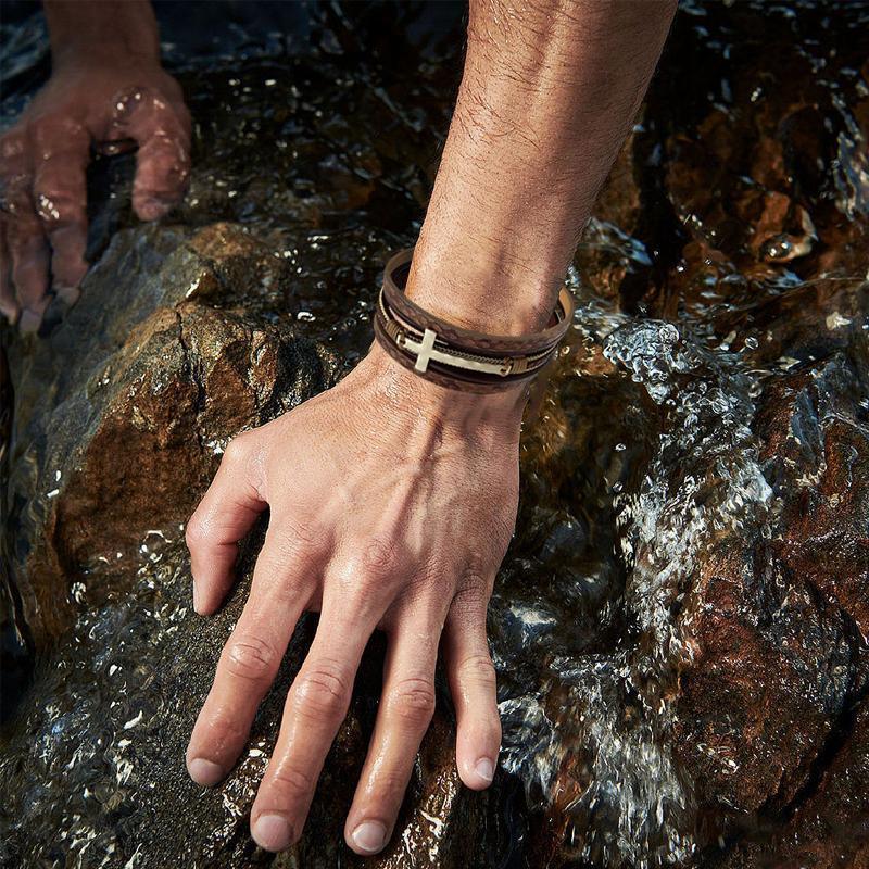 Men Cross Bracelet Multi-Layer Leather Wristband Stainless Steel Stylish Gift - Silver 3