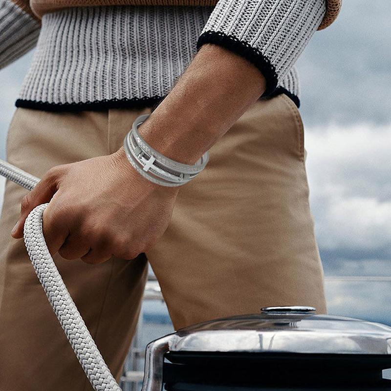 Men Cross Bracelet Multi-Layer Leather Wristband Stainless Steel Stylish Gift - Silver 4