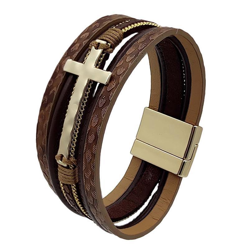 Men Cross Bracelet Multi-Layer Leather Wristband Stainless Steel Stylish Gift - Silver 6