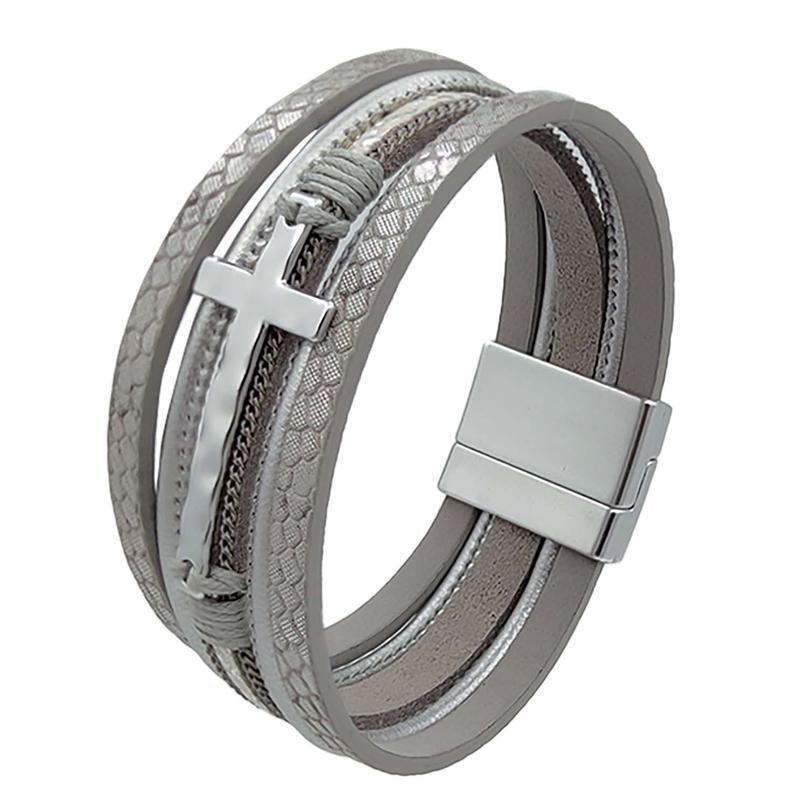 Men Cross Bracelet Multi-Layer Leather Wristband Stainless Steel Stylish Gift - Silver 7