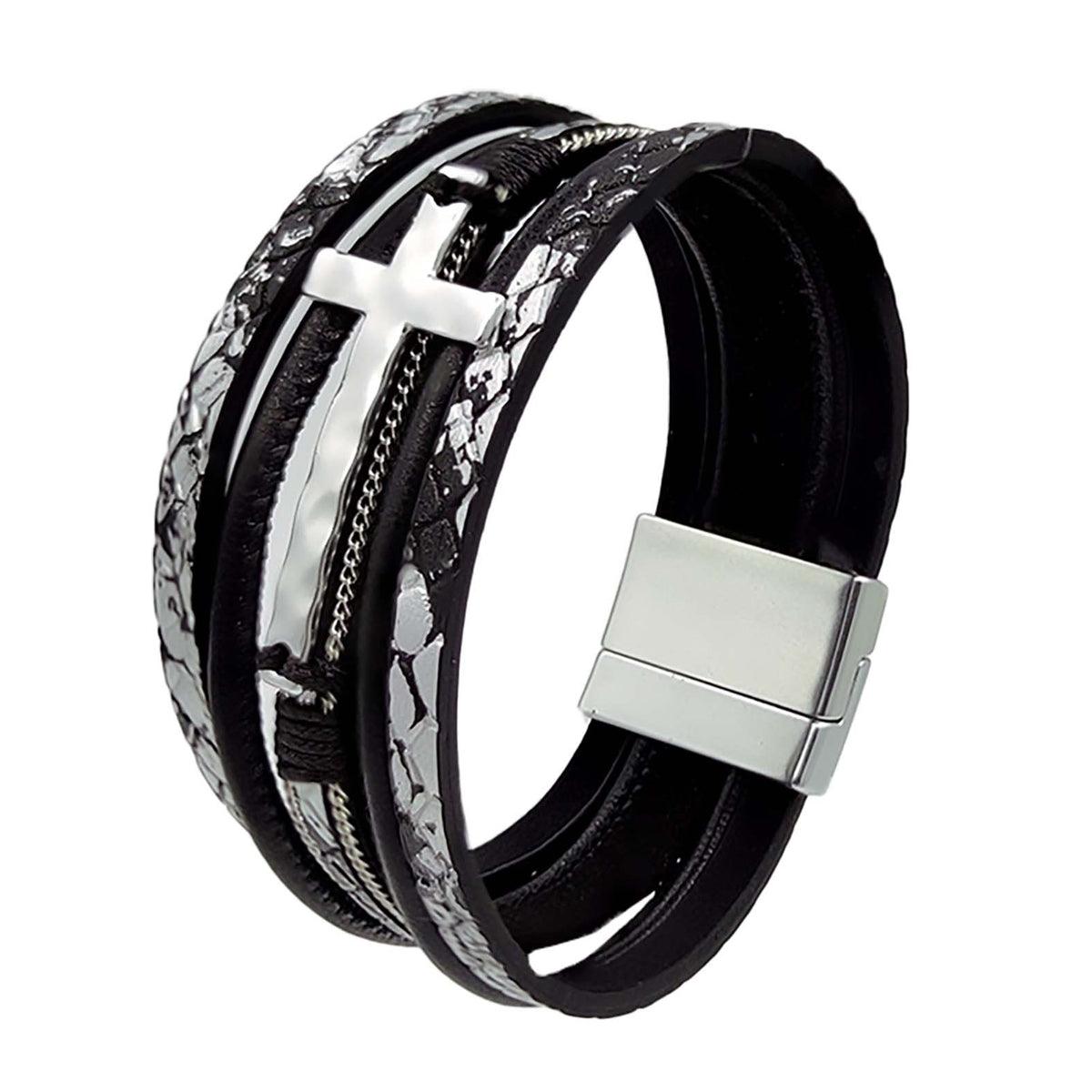Men Cross Bracelet Multi-Layer Leather Wristband Stainless Steel Stylish Gift - Silver 8