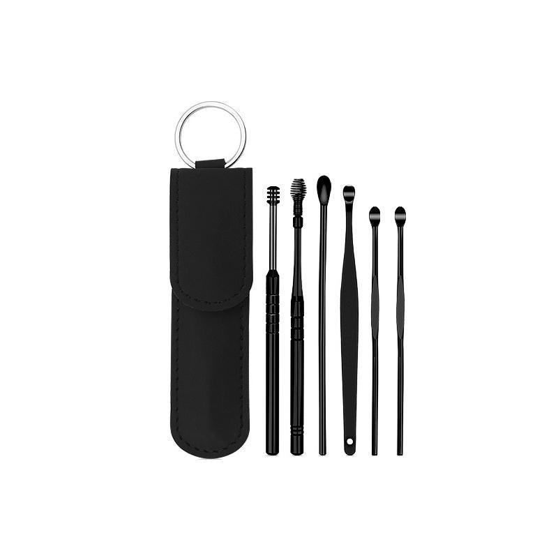 6Pcs Earpick Ear Wax Curette Ear Cleaner Remover Spoon Ear Cleaning Tool Kit - Black+Sliver 6