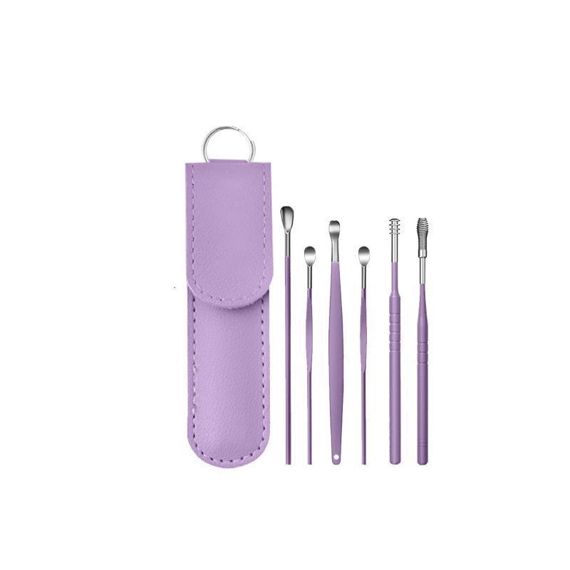 6Pcs Earpick Ear Wax Curette Ear Cleaner Remover Spoon Ear Cleaning Tool Kit - Black+Sliver 11