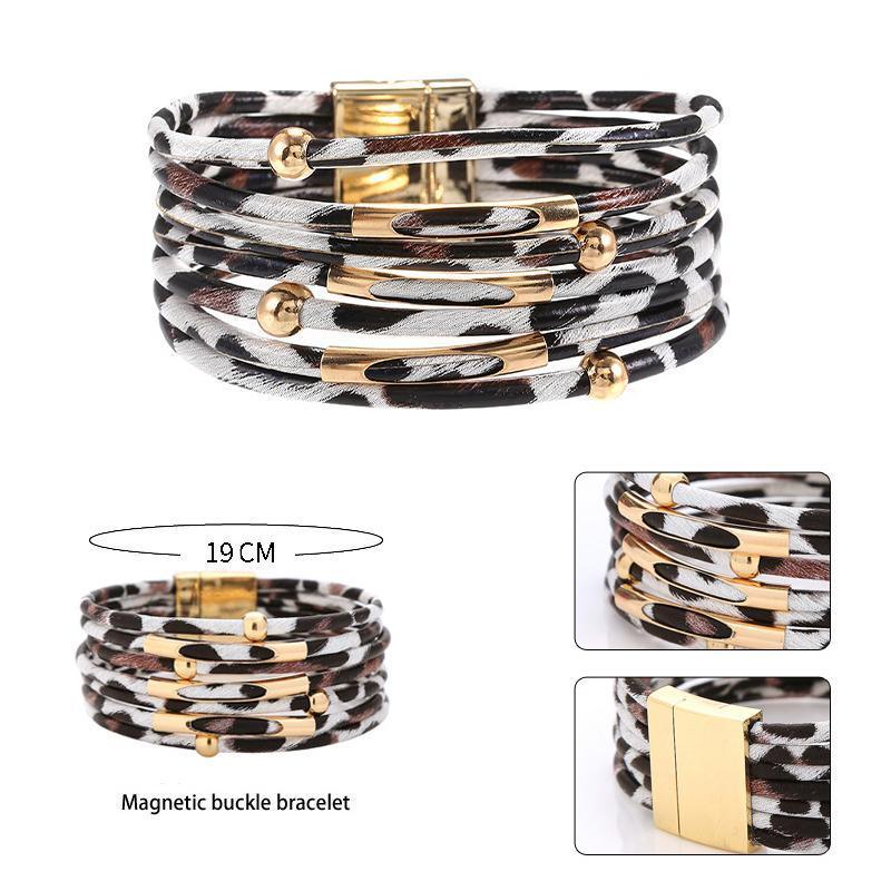 Fashion Snap Lock Leather Bohemian Leopard Print Bangle Stylish Bracelet Gift - White 4