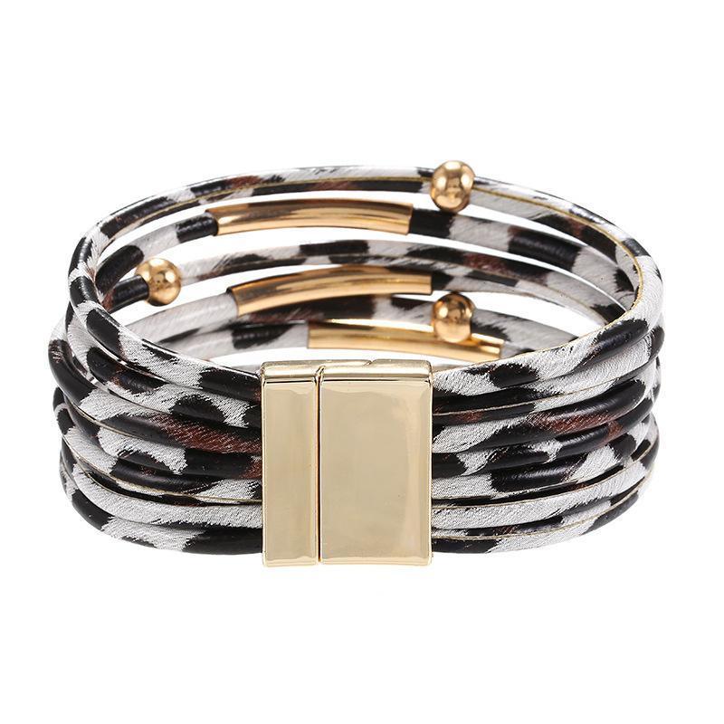 Fashion Snap Lock Leather Bohemian Leopard Print Bangle Stylish Bracelet Gift - White 5