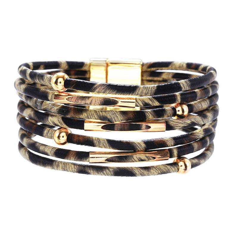 Fashion Snap Lock Leather Bohemian Leopard Print Bangle Stylish Bracelet Gift - White 7