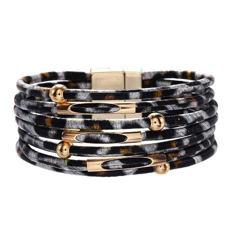 Fashion Snap Lock Leather Bohemian Leopard Print Bangle Stylish Bracelet Gift - White 8