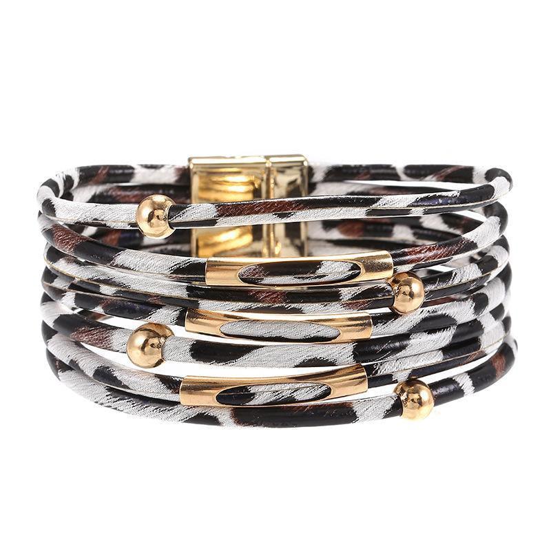 Fashion Snap Lock Leather Bohemian Leopard Print Bangle Stylish Bracelet Gift - White 9