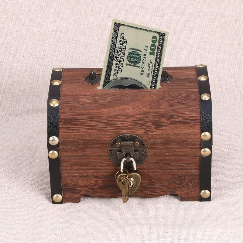 Wooden Treasure Chest Retro Money Storage Box Case Coin Piggy Bank Organizer 3