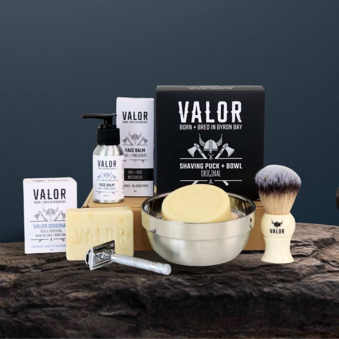 VALOR Decadent Shaving Gift Set – Organic Razor Kit with Soap, Brush, Balm & Body Bar