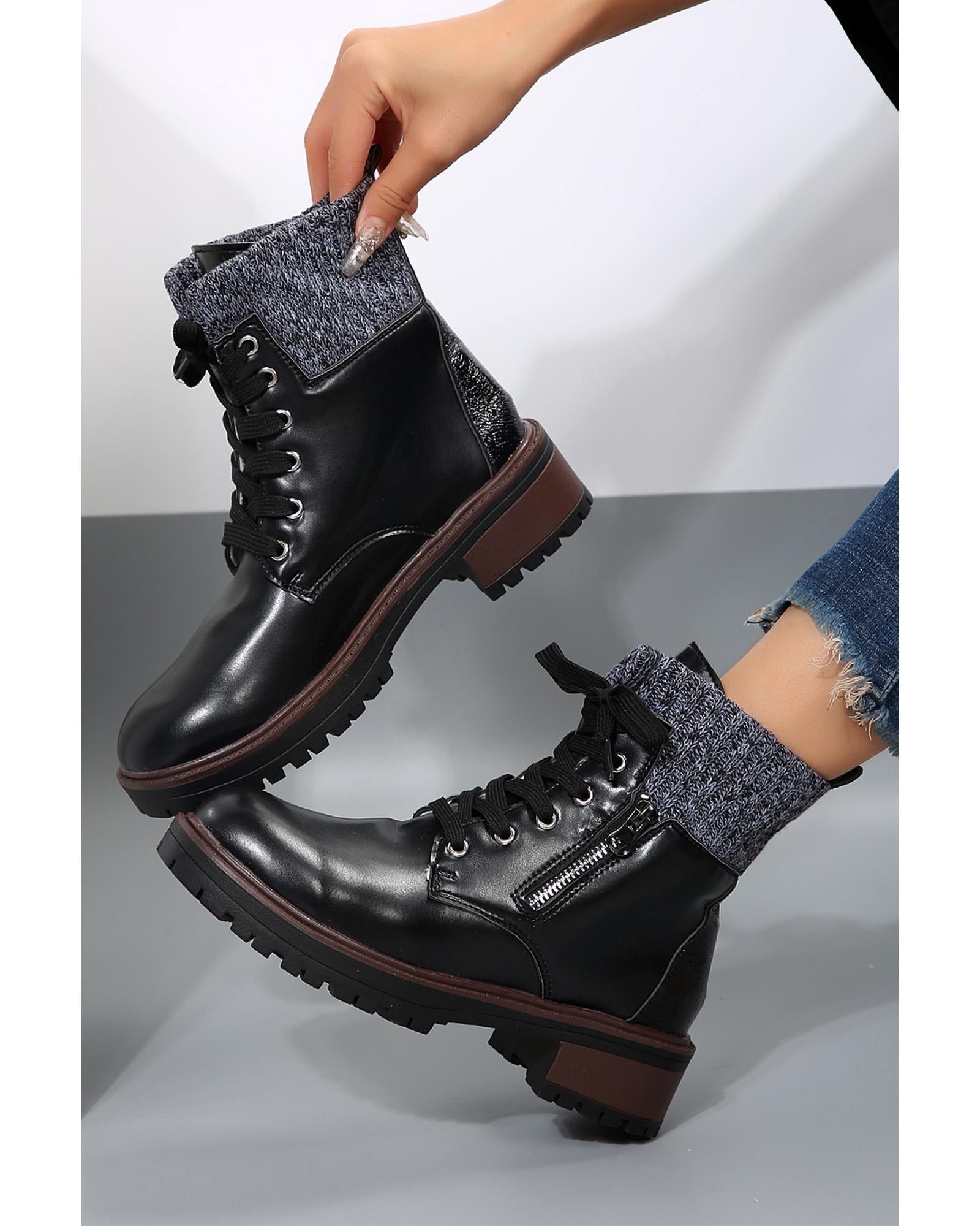 Black Knitted Patched Lace-up Heeled Ankle Boots - 39 EU