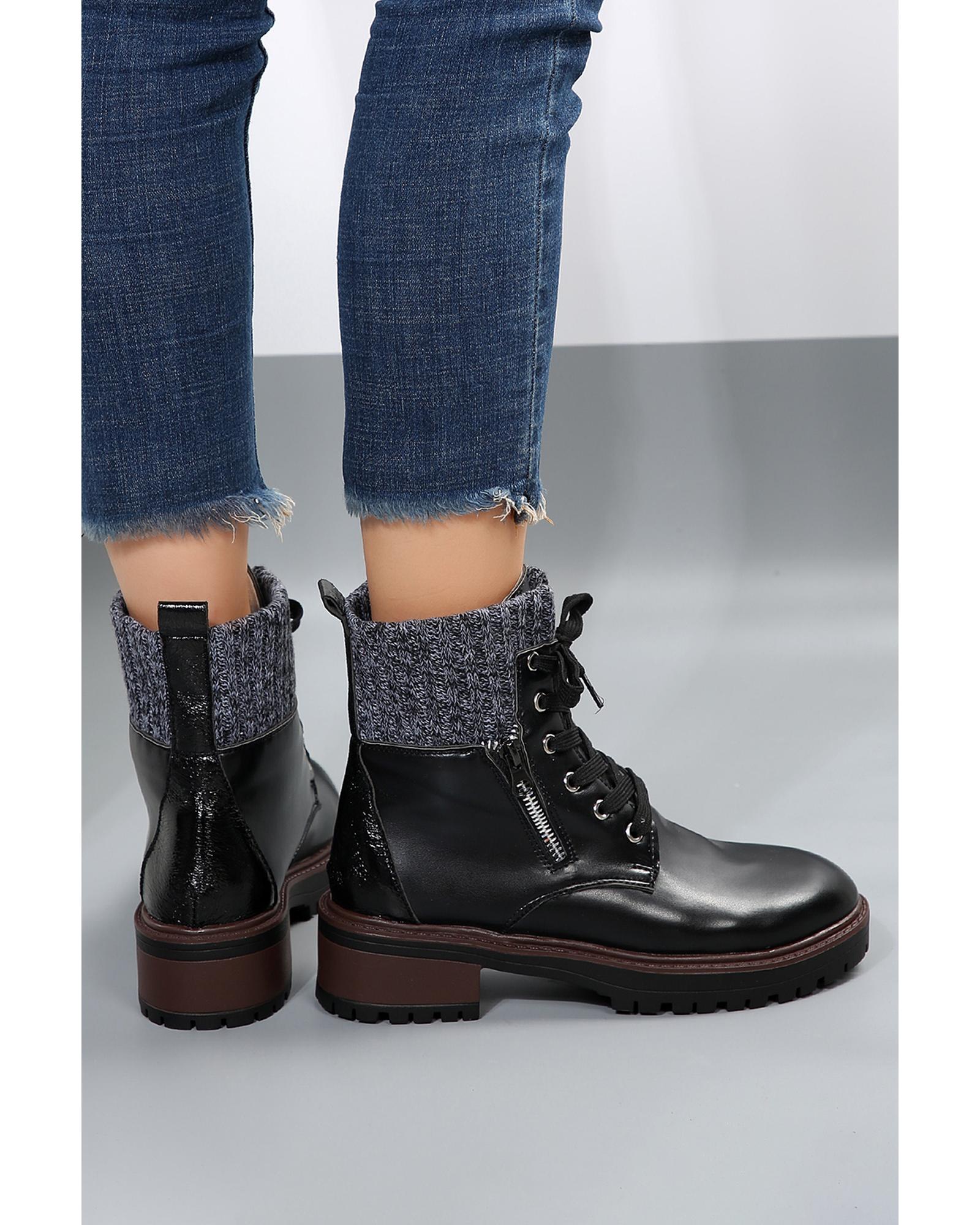 Black Knitted Patched Lace-up Heeled Ankle Boots - 40 EU