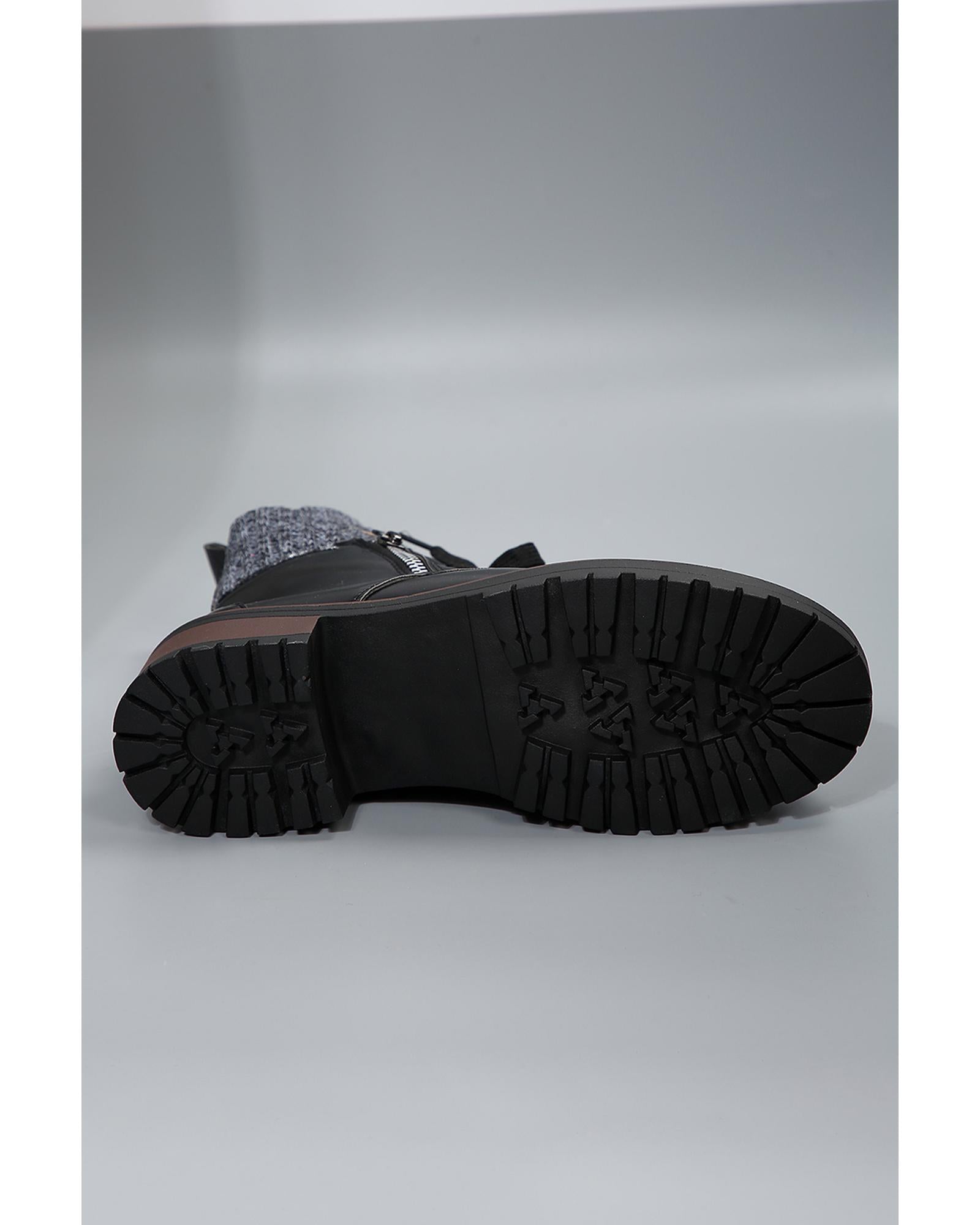 Black Knitted Patched Lace-up Heeled Ankle Boots - 40 EU 4