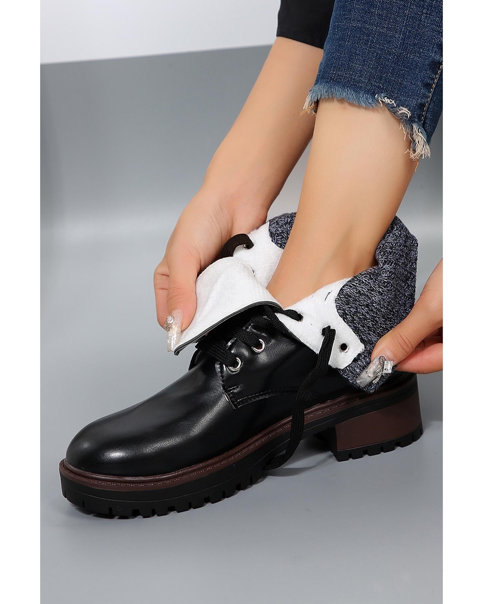 Black Knitted Patched Lace-up Heeled Ankle Boots - 40 EU 5