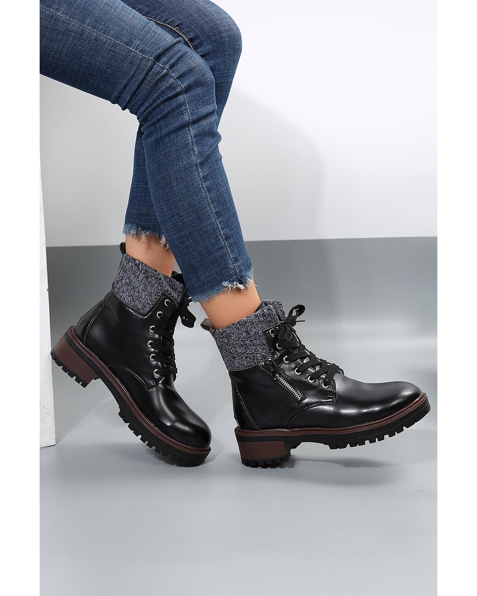 Black Knitted Patched Lace-up Heeled Ankle Boots - 40 EU 6