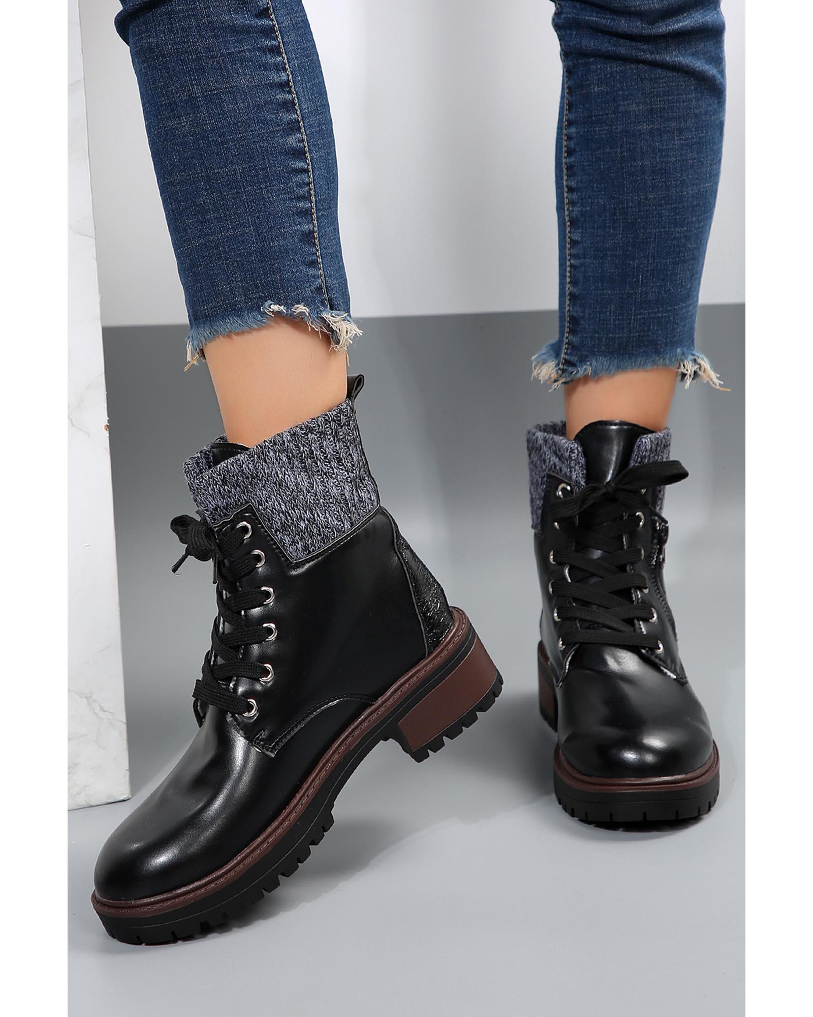 Black Knitted Patched Lace-up Heeled Ankle Boots - 40 EU 7