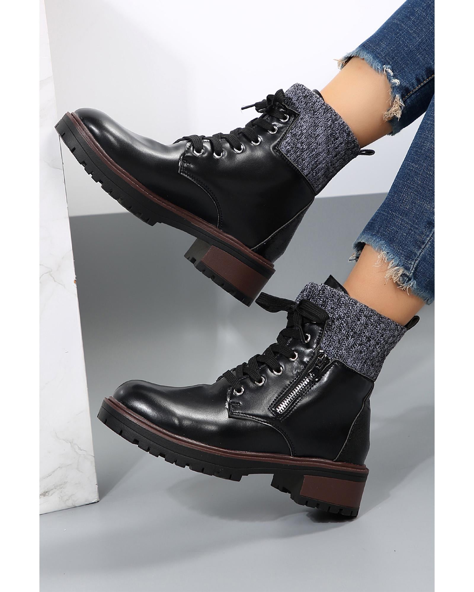 Black Knitted Patched Lace-up Heeled Ankle Boots - 40 EU 8
