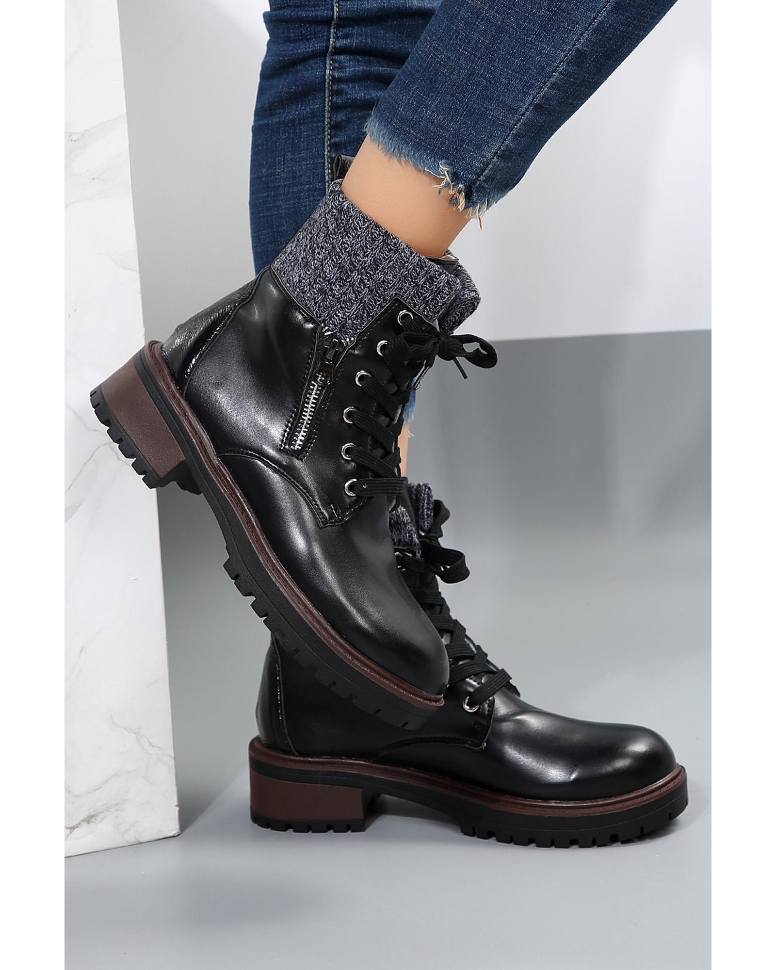 Black Knitted Patched Lace-up Heeled Ankle Boots - 42 EU