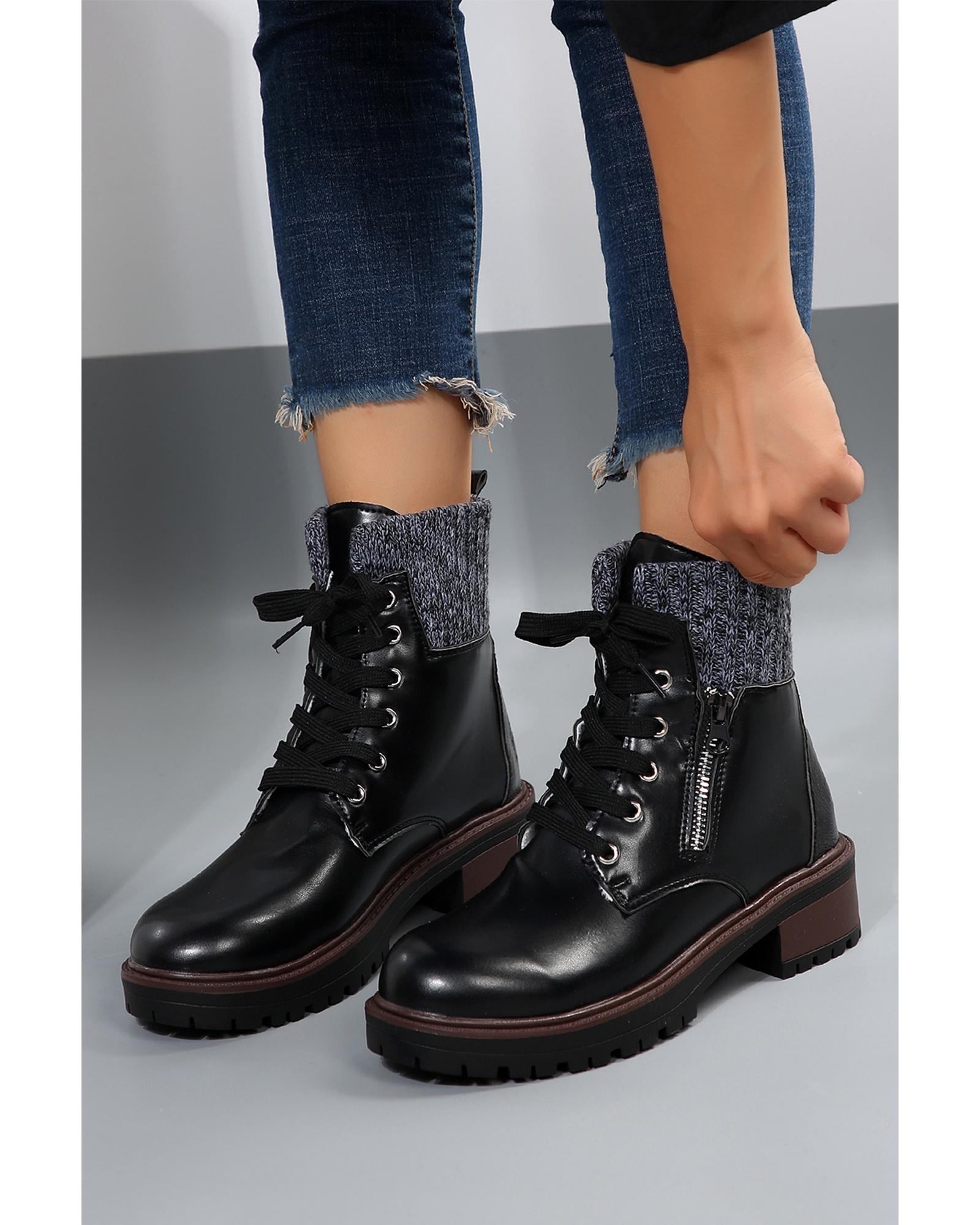 Black Knitted Patched Lace-up Heeled Ankle Boots - 42 EU 5