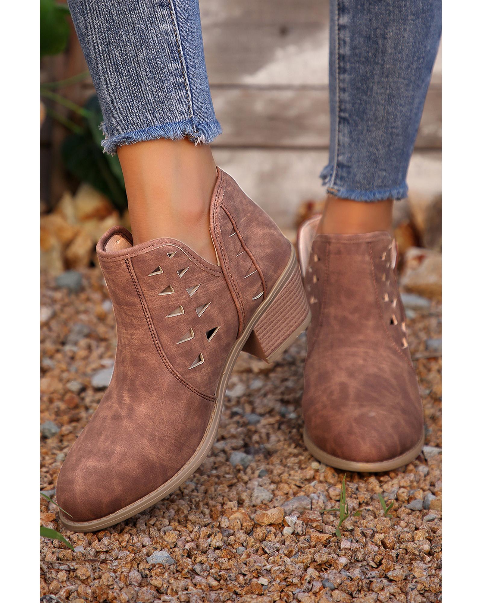 Red Sandalwood Cut Out Suede Pointed Toe Heeled Ankle Boots - 37 EU 3