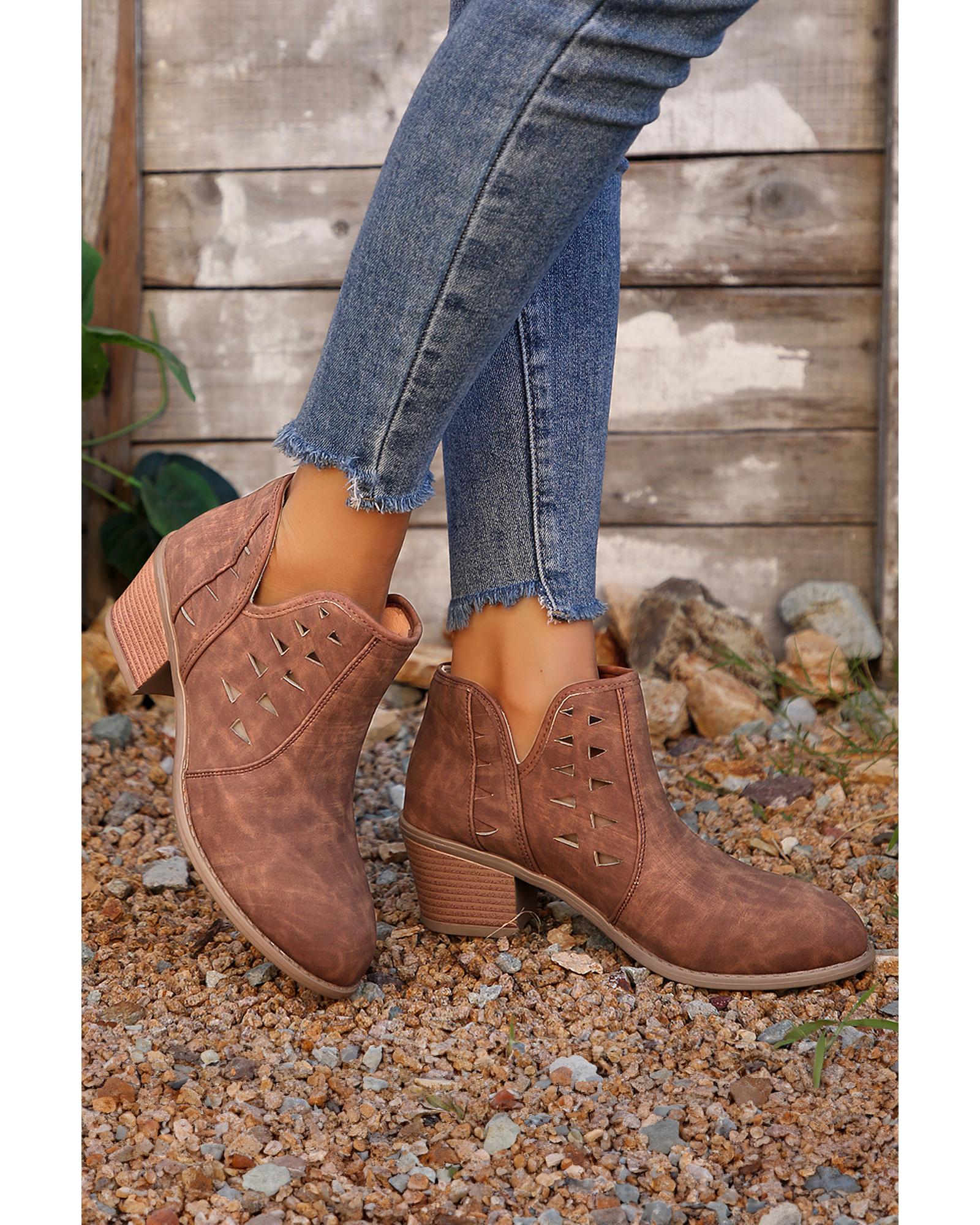 Red Sandalwood Cut Out Suede Pointed Toe Heeled Ankle Boots - 37 EU 4