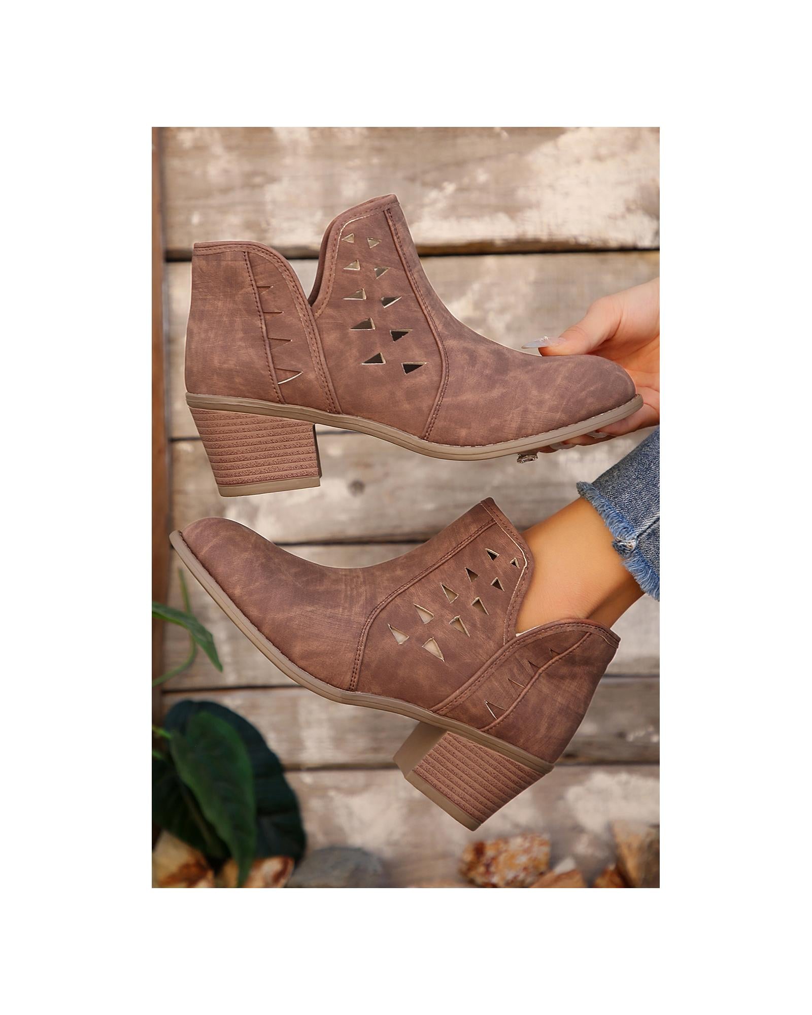 Red Sandalwood Cut Out Suede Pointed Toe Heeled Ankle Boots - 39 EU 5