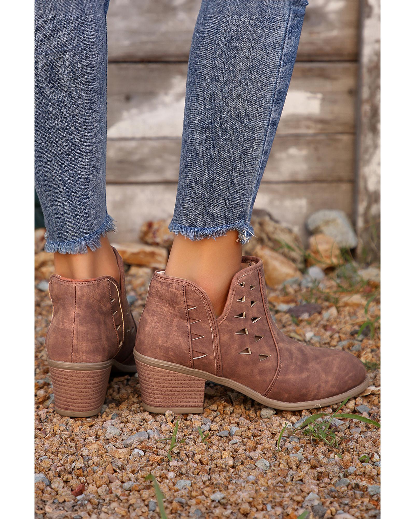 Red Sandalwood Cut Out Suede Pointed Toe Heeled Ankle Boots - 42 EU