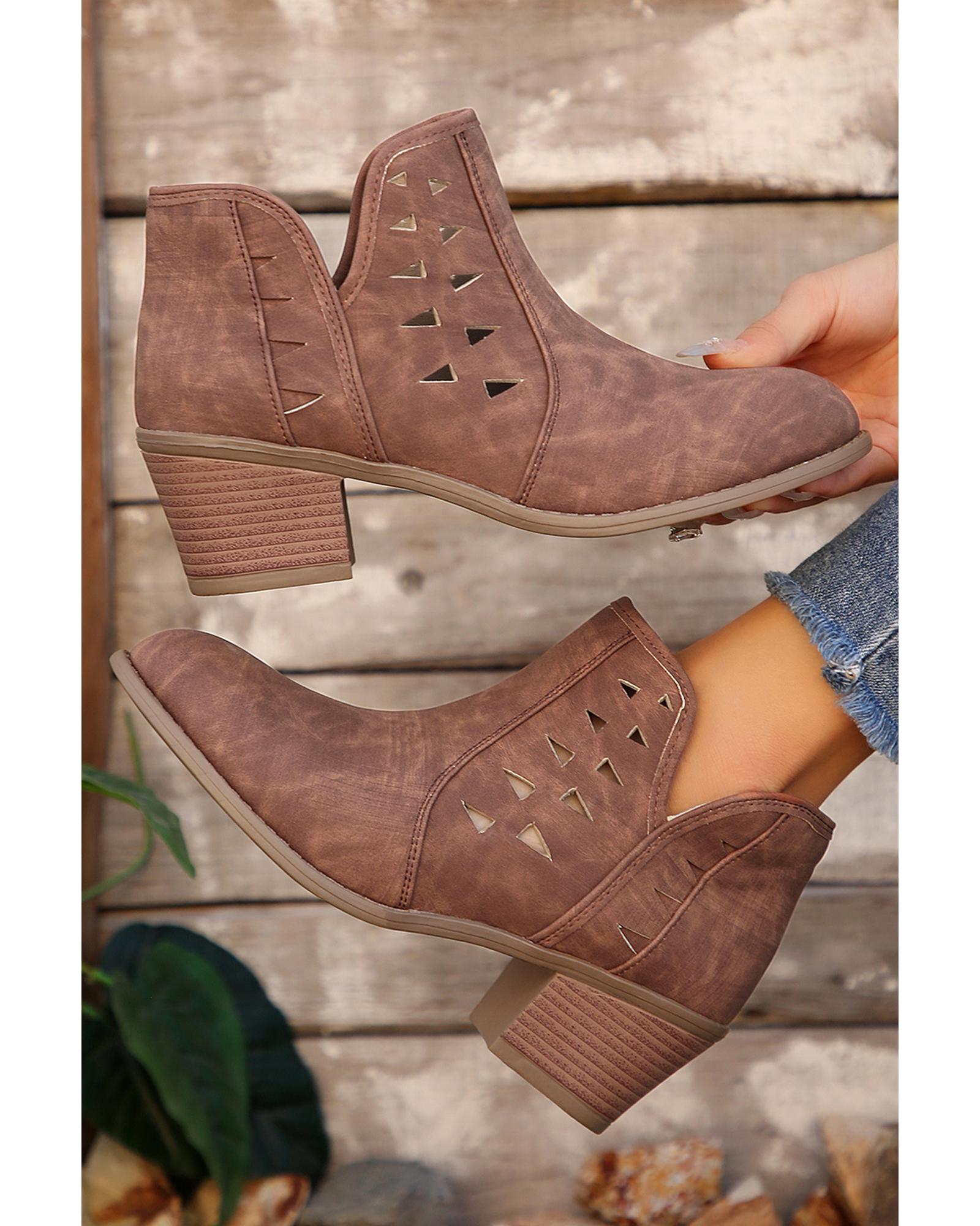 Red Sandalwood Cut Out Suede Pointed Toe Heeled Ankle Boots - 42 EU 5
