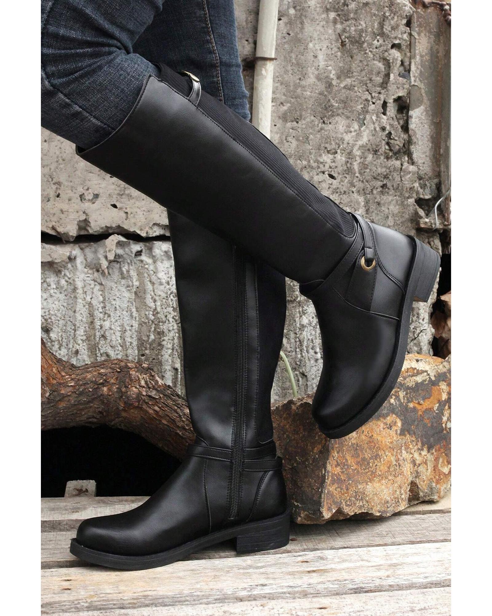 Black Side Zipper Knee High Chunky Low Heel Boots - 37 EU