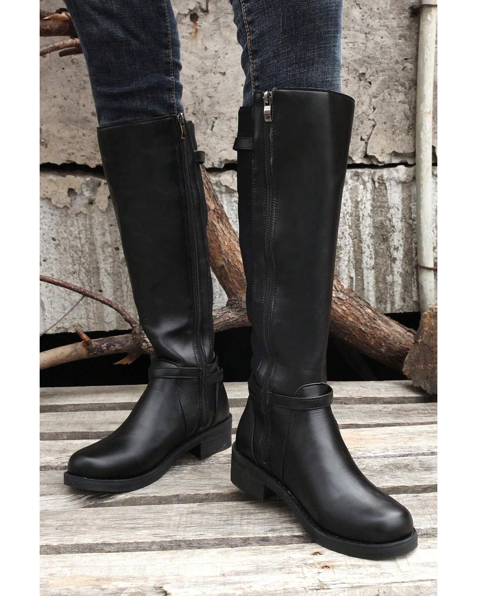 Black Side Zipper Knee High Chunky Low Heel Boots - 37 EU 5